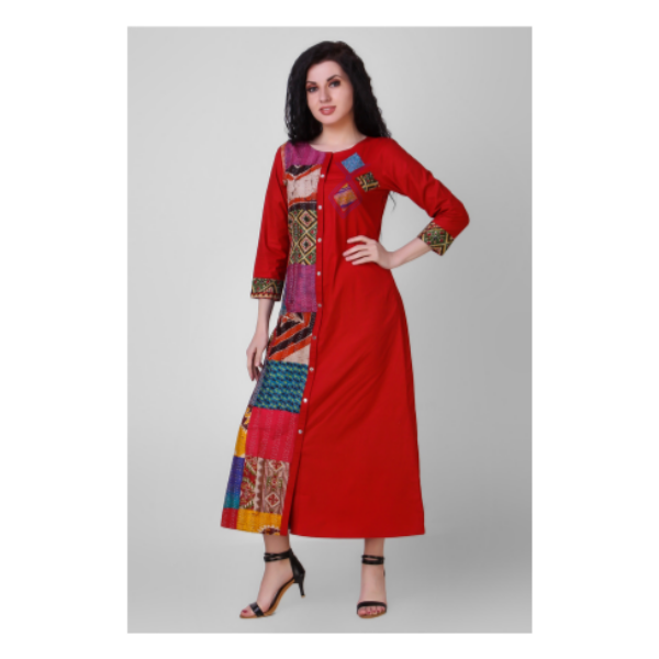 red button down cotton silk dress with kantha embroidery